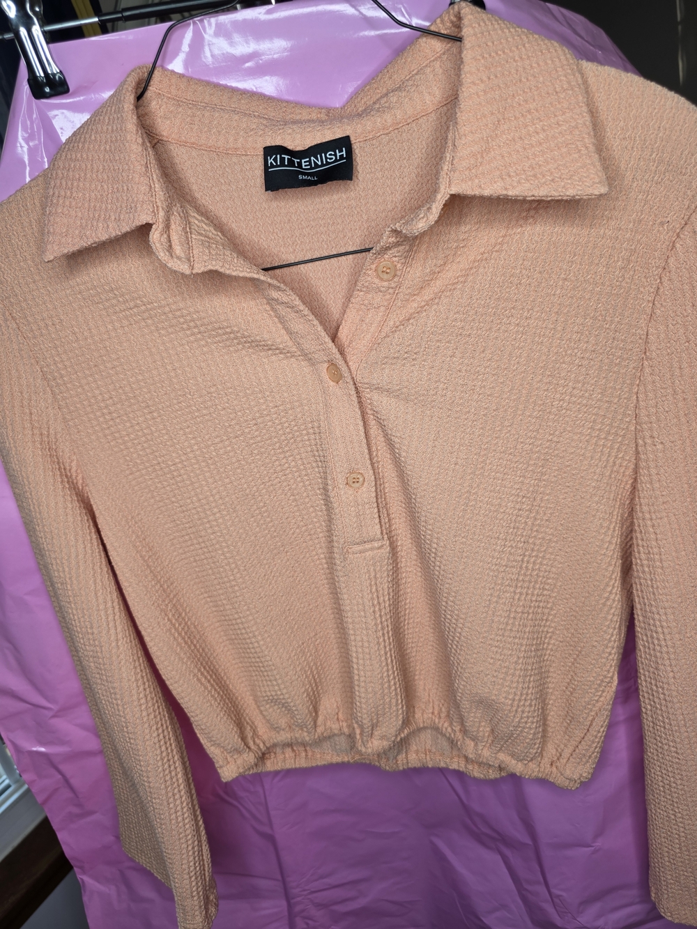 Kittenish Peach Waffle Knit Long-Sleeve Cropped Polo